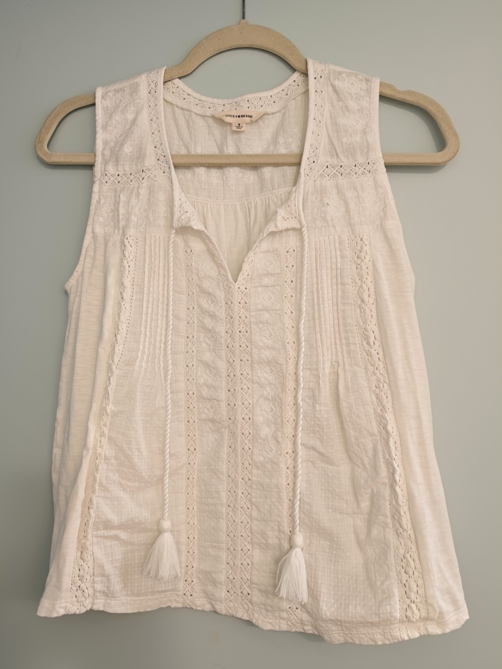 Lucky Brand White Lace-Trim Tassel Camisole